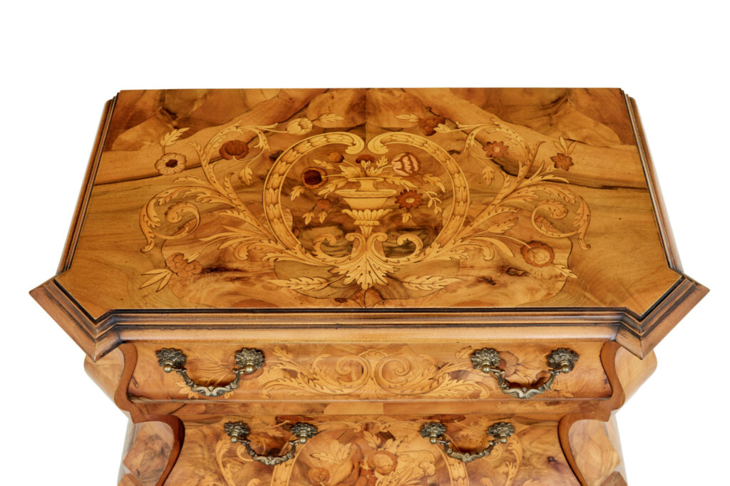 Fine Quality Walnut Inlaid Small Bombe Commode — image 4