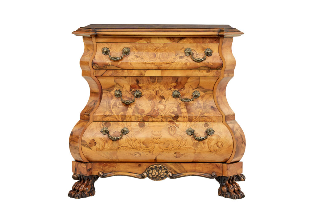 Fine Quality Walnut Inlaid Small Bombe Commode