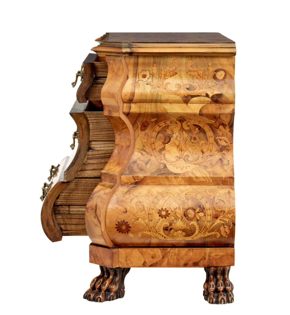 Fine Quality Walnut Inlaid Small Bombe Commode — image 6