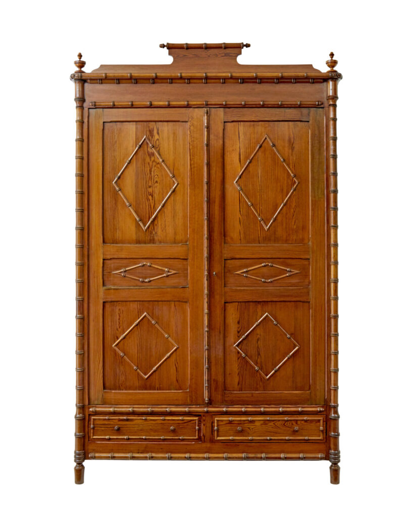 Early 20th Century French Faux Bamboo Pine Wardrobe — image 9