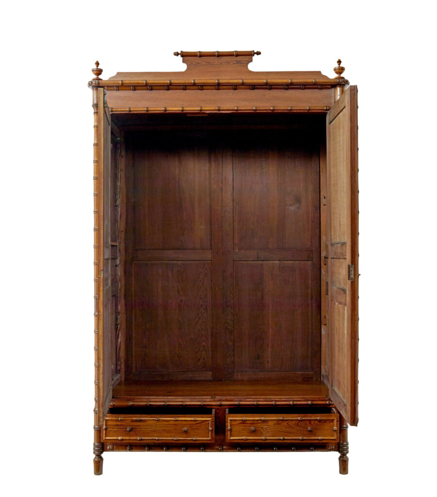 Early 20th Century French Faux Bamboo Pine Wardrobe — image 8