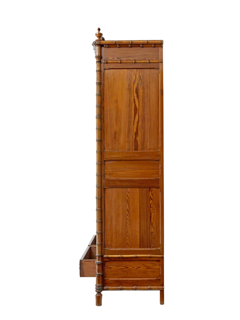 Early 20th Century French Faux Bamboo Pine Wardrobe — image 7