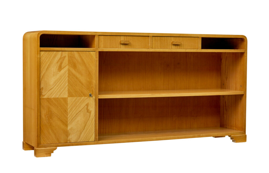 Mid Century Scandinavian Low Open Bookcase in Elm