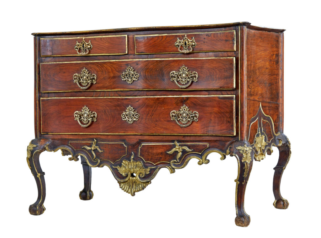 Portuguese 18th Century Carved Walnut and Gilt Chest of Drawers