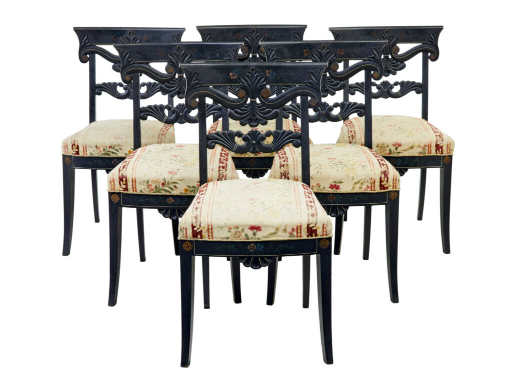 Set of 6 Scandinavian Carved and Hand Painted Dining Chairs