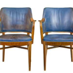 PAIR OF MID 20TH CENTURY TEAK AND LEATHER ARMCHAIRS