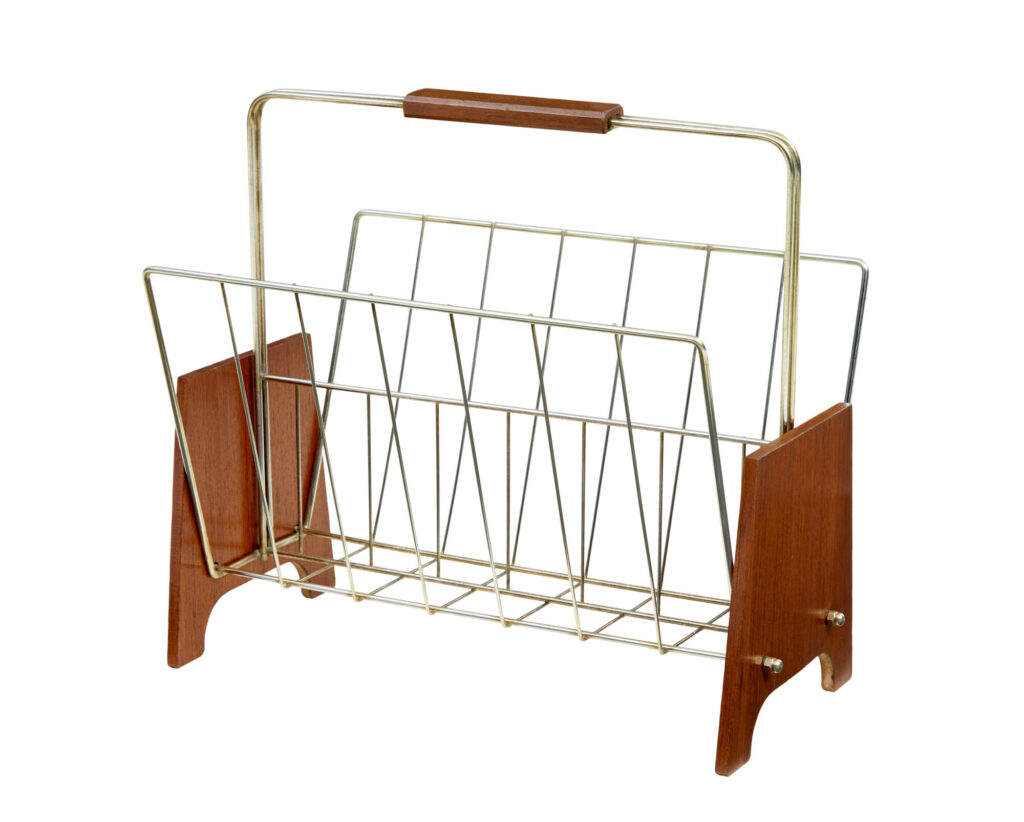 Mid Century Scandinavian Modern Teak and Brass Magazine Rack