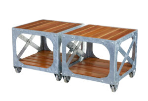 PAIR OF GALVANISED STEEL AND TEAK INDUSTRIAL SIDE TABLES