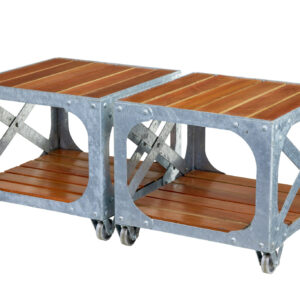 PAIR OF GALVANISED STEEL AND TEAK INDUSTRIAL SIDE TABLES