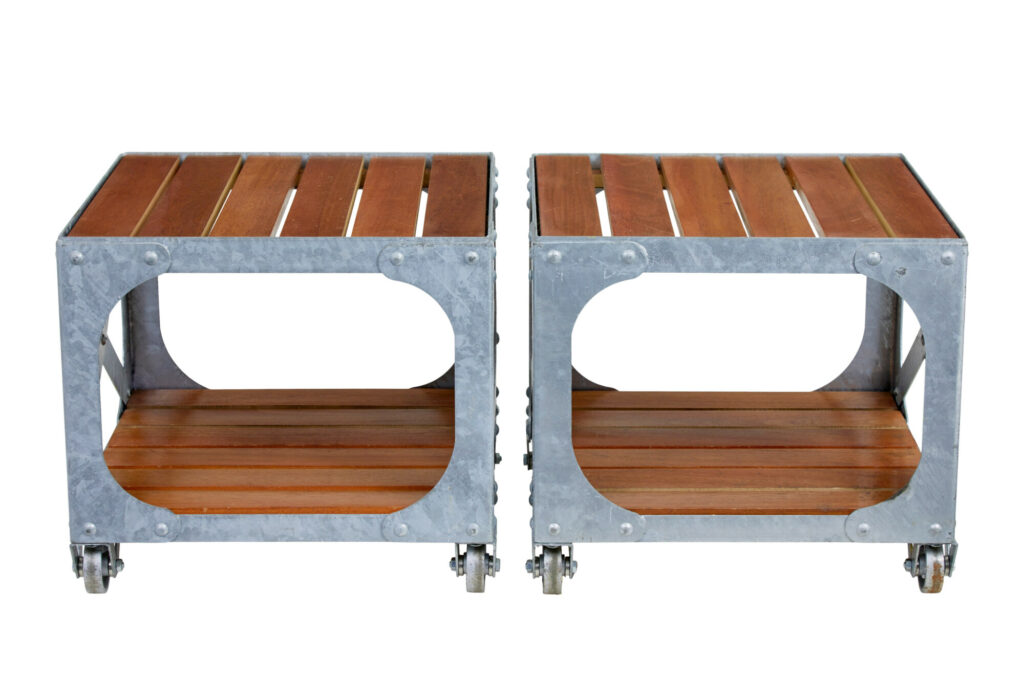 Pair of Galvanised Steel and Teak Industrial Side Tables — image 7