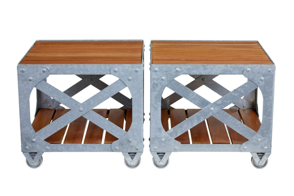 Pair of Galvanised Steel and Teak Industrial Side Tables — image 6