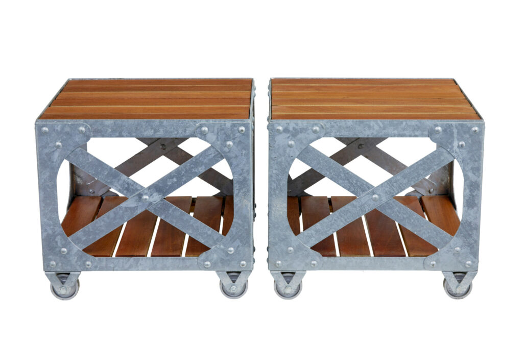 Pair of Galvanised Steel and Teak Industrial Side Tables — image 4