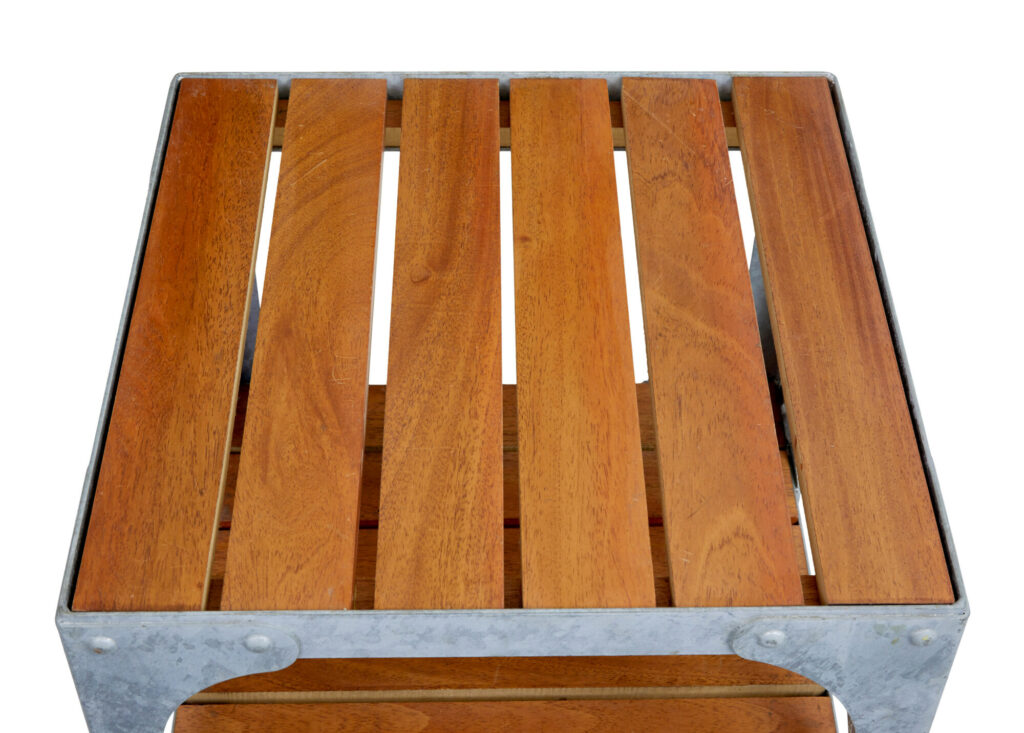 Pair of Galvanised Steel and Teak Industrial Side Tables — image 3
