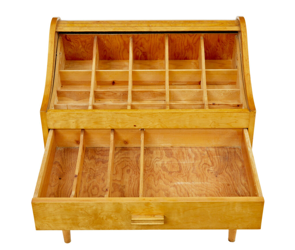 Mid 20th Century Birch Tambour Sewing Box on Stand — image 2