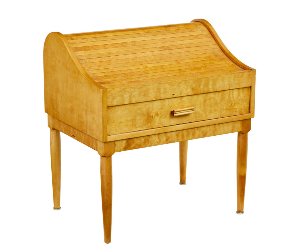 MID 20TH CENTURY BIRCH TAMBOUR SEWING BOX ON STAND