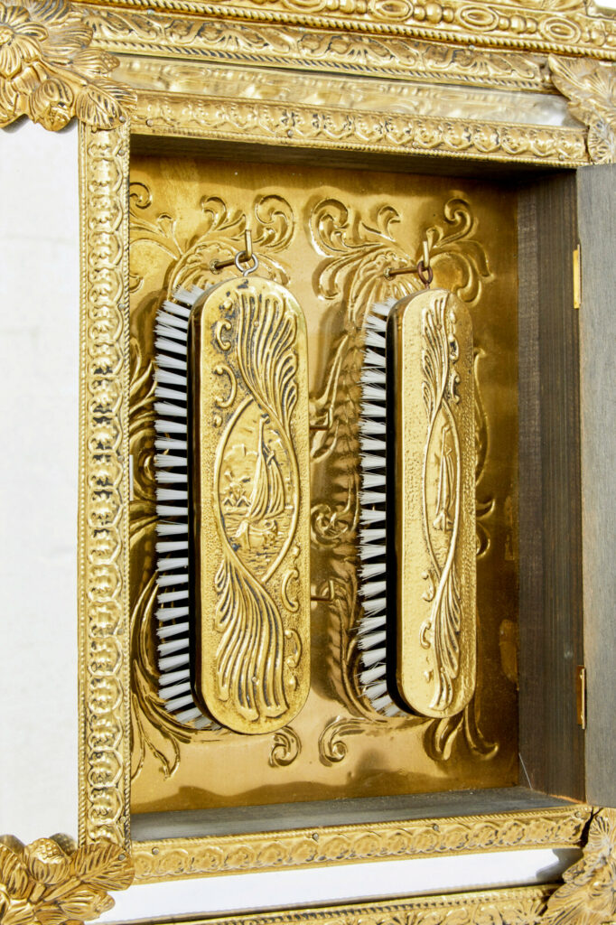 Mid 20th Century Aesthetic Movement Inspired Brass Hall Cushion Mirror — image 3