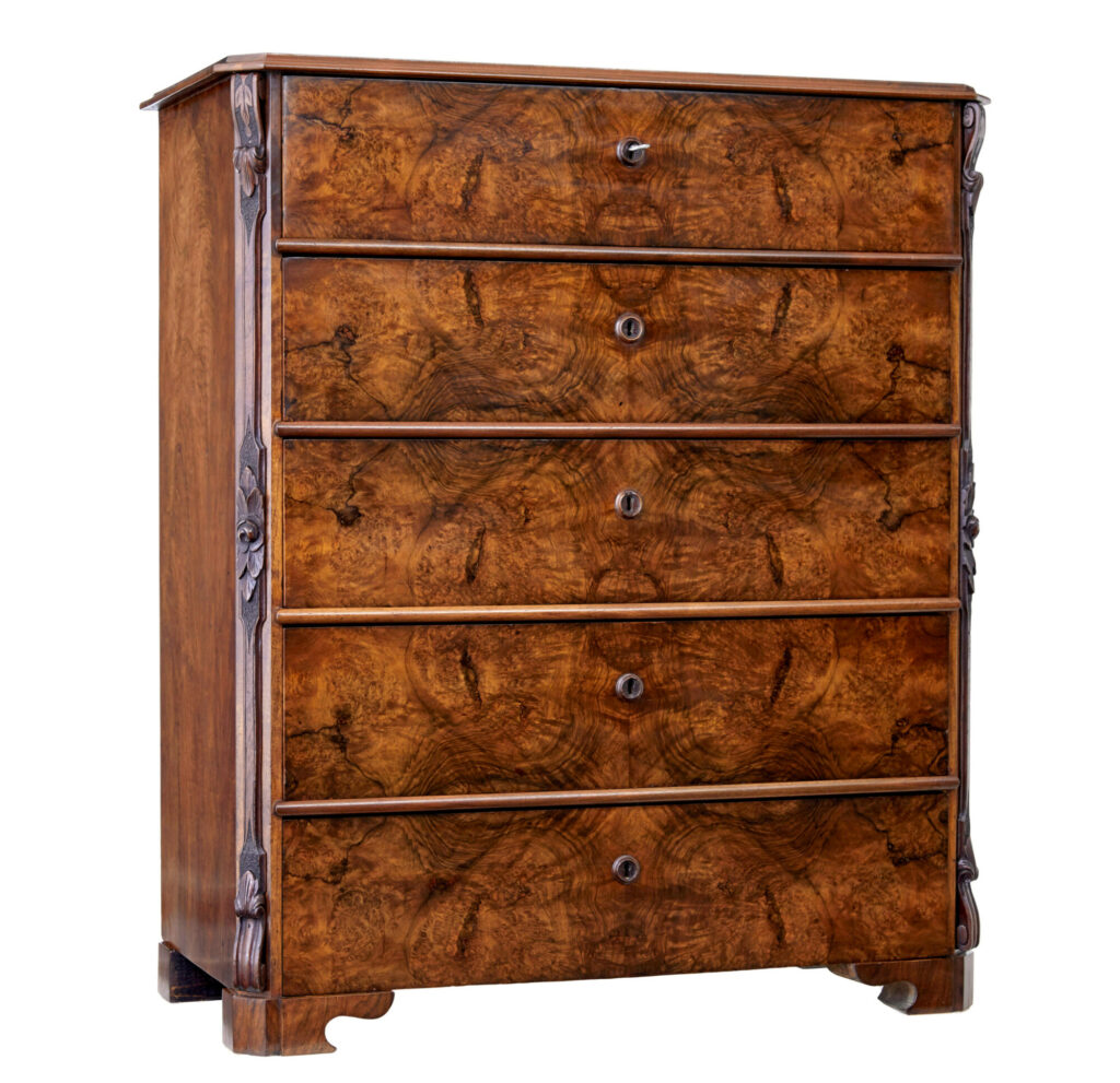 19TH CENTURY BURR WALNUT TALL CHEST OF DRAWERS