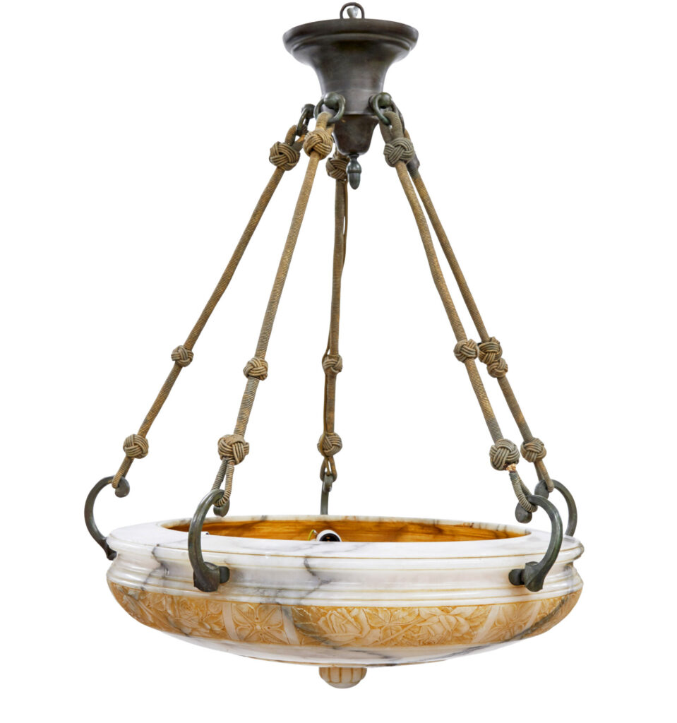 Large Carved Alabaster Art Deco Pendant Light