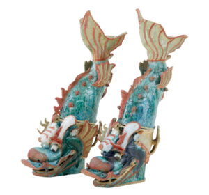 PAIR OF 19TH CENTURY JAPANESE CERAMIC SHACHIKOKO ROOF ORNAMENTS