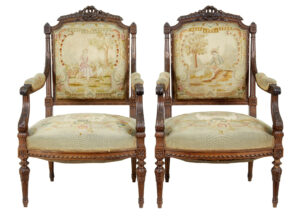 19TH CENTURY FRENCH CARVED WALNUT TAPESTRY ARMCHAIRS