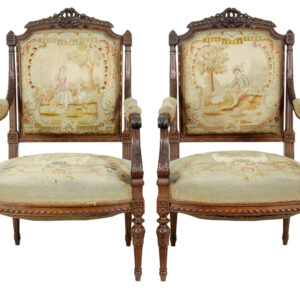 19TH CENTURY FRENCH CARVED WALNUT TAPESTRY ARMCHAIRS