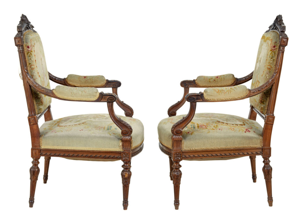 19th Century French Carved Walnut Tapestry Armchairs — image 8