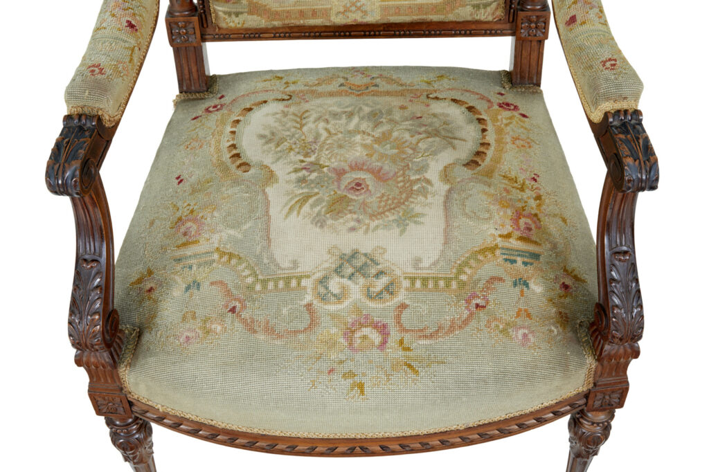 19th Century French Carved Walnut Tapestry Armchairs — image 4