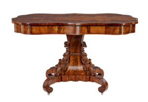 19TH CENTURY DANISH CARVED FLAME MAHOGANY CENTER TABLE