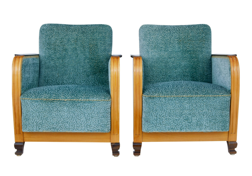 FINE PAIR OF SWEDISH ART DECO ELM AND BIRCH ARMCHAIRS