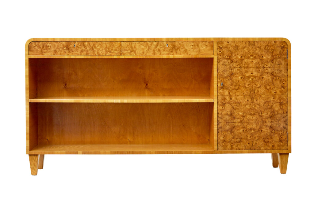 Mid Century Swedish Elm and Burr Sideboard Bookcase — image 9
