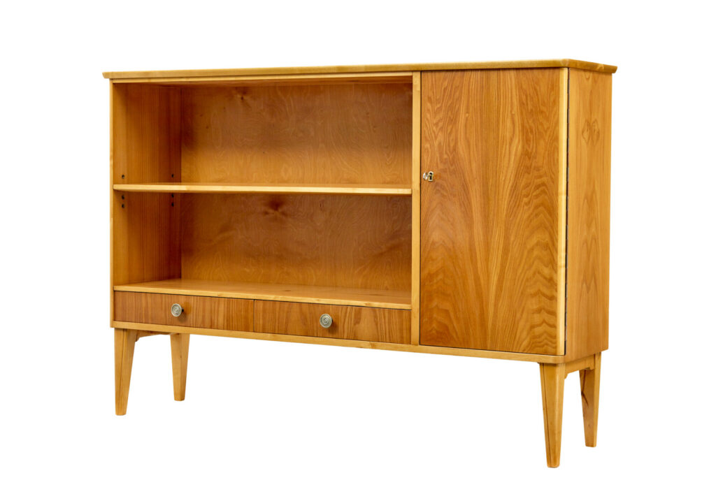 Mid Century Scandinavian Elm Low Open Bookcase Cabinet