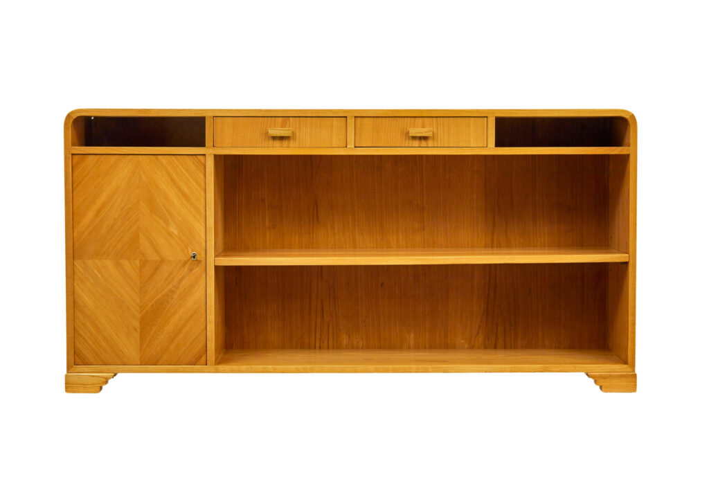 Mid Century Scandinavian Elm Low Open Bookcase Sideboard