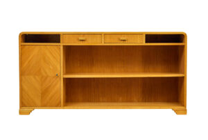 MID CENTURY SCANDINAVIAN ELM LOW OPEN BOOKCASE SIDEBOARD