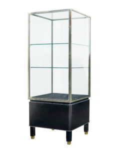 FREESTANDING ART DECO STEEL AND LEATHER GLAZED DISPLAY CABINET