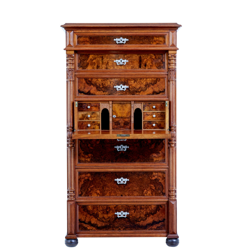 19th Century Burr Walnut Secretaire Tall Chest of Drawers — image 14