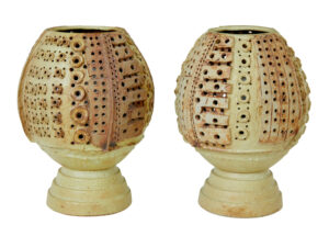 PAIR OF MID CENTURY BRUTALIST CERAMIC LAMPS BY BERNARD ROOKE