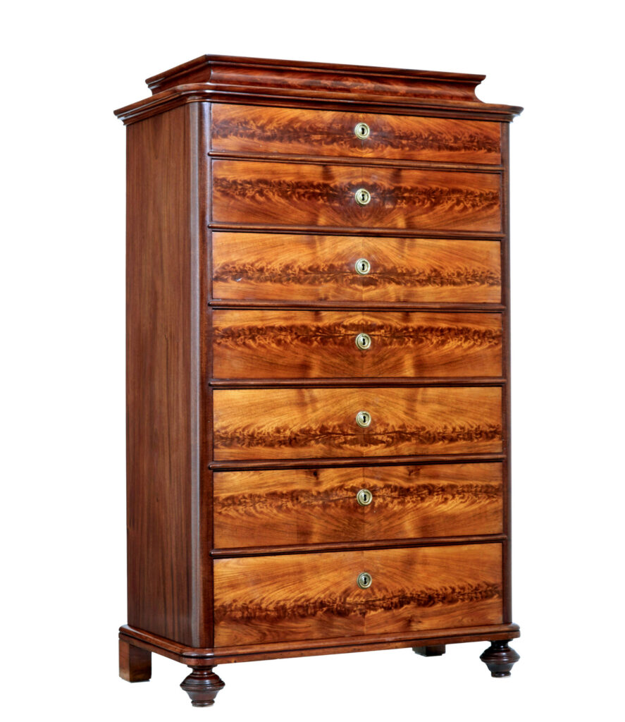 19th Century Flame Mahogany Tall Chest of Drawers