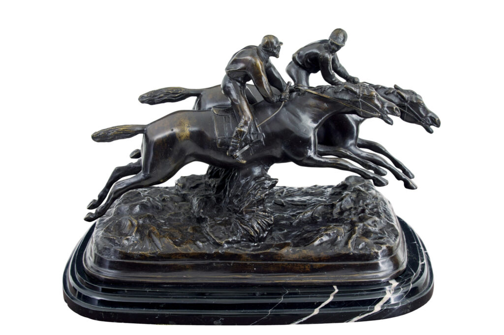 20TH CENTURY HORSE RACING DESK TOP BRONZE AND MARBLE