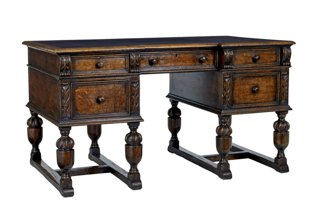 Victorian Late 19th Century Carved Oak Pedestal Desk