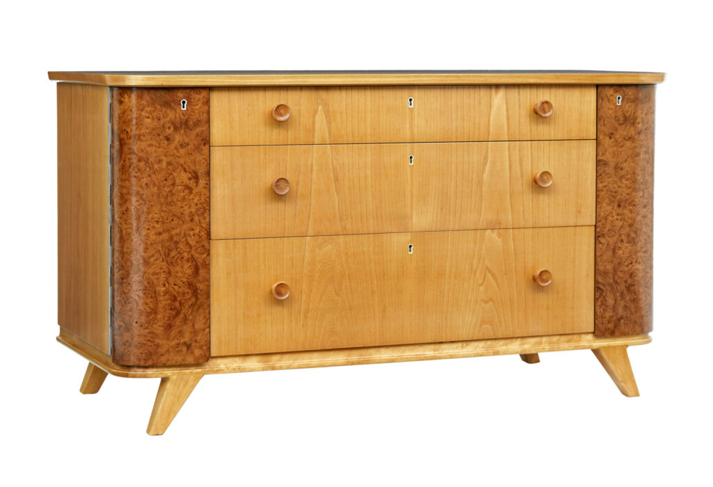 SWEDISH MID 20TH CENTURY ELM AND BURR FITTED CHEST OF DRAWERS