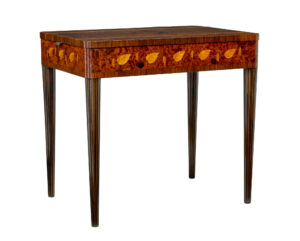 MID CENTURY WALNUT AND BIRCH INLAID METAMORPHIC WORK TABLE