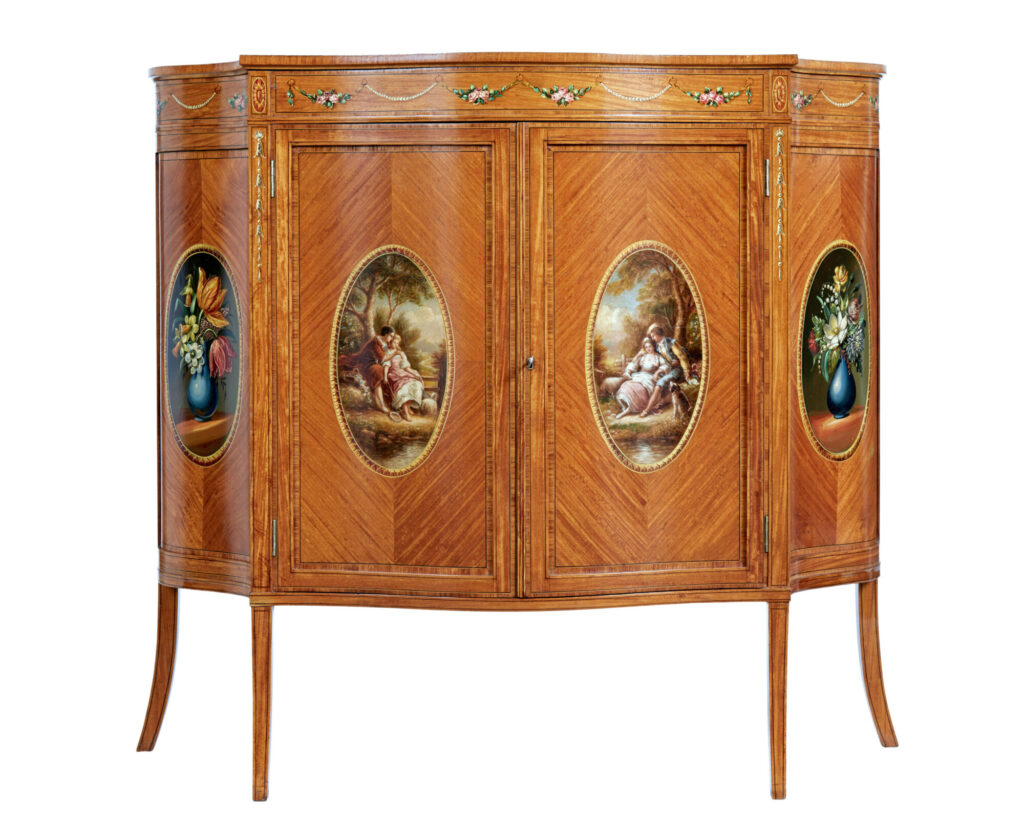19th Century Sheraton Revival Satinwood Inlaid and Painted Cabinet