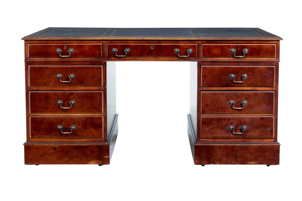 Walnut and Burr Leather Top Pedestal Desk