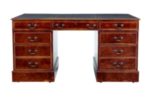 WALNUT AND BURR LEATHER TOP PEDESTAL DESK