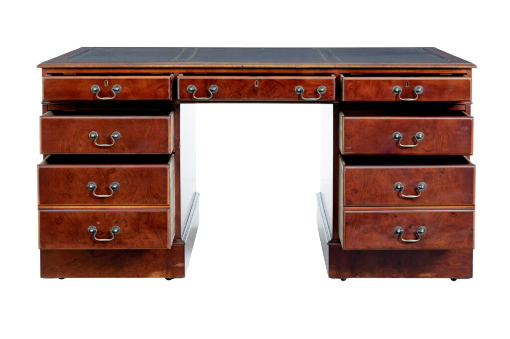 Walnut and Burr Leather Top Pedestal Desk — image 8