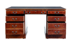 Walnut and Burr Leather Top Pedestal Desk — thumbnail 8