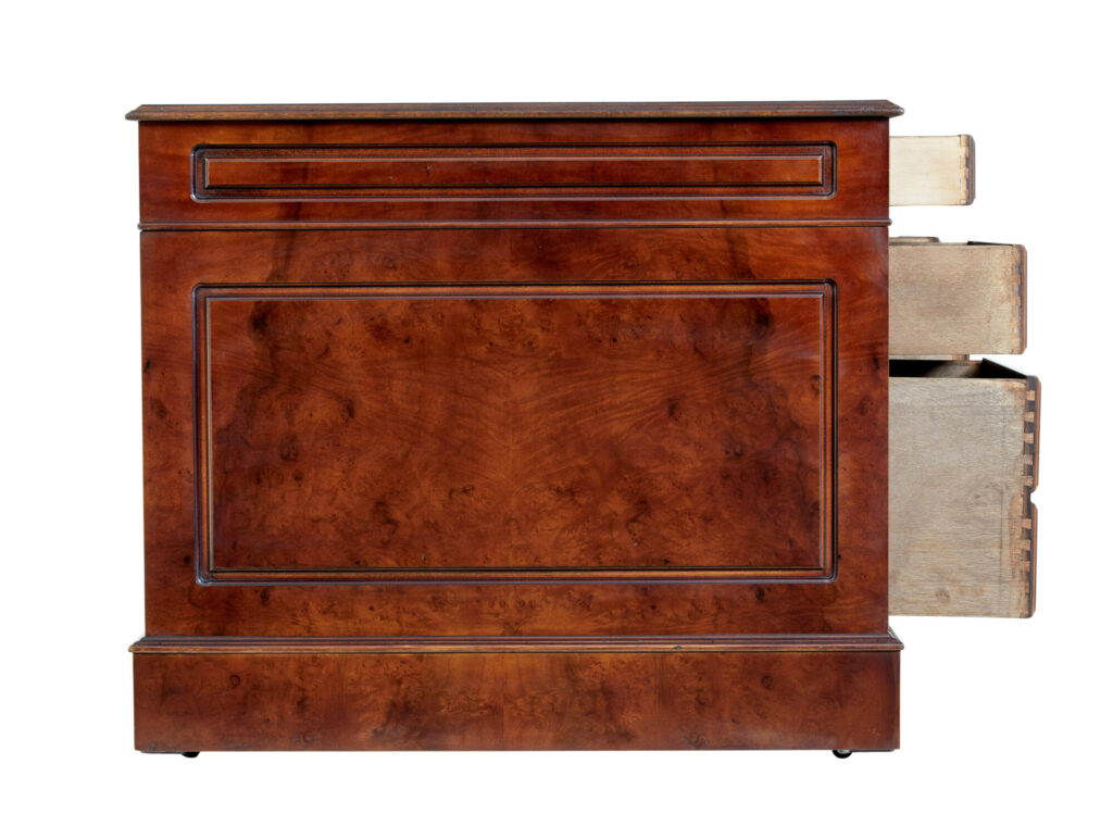 Walnut and Burr Leather Top Pedestal Desk — image 7