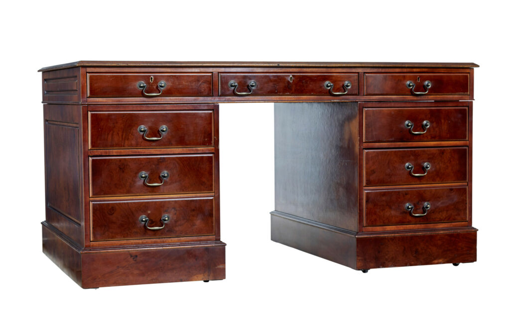 Walnut and Burr Leather Top Pedestal Desk — image 4