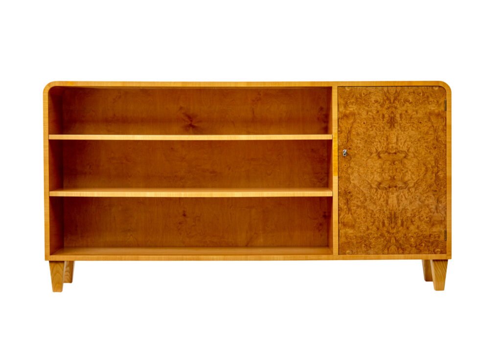 Scandinavian Elm and Burr Low Open Bookcase — image 8