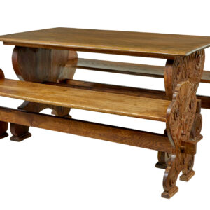 FLEMISH 19TH CENTURY CARVED OAK GOTHIC REVIVAL DINING TABLE AND BENCHES